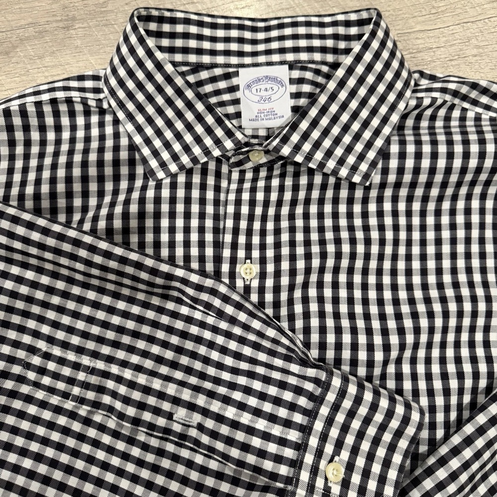 Brooks Brothers White Blk‎ Gingham Button-Down Cotton Non-Iron Shirt Size 17–4/5